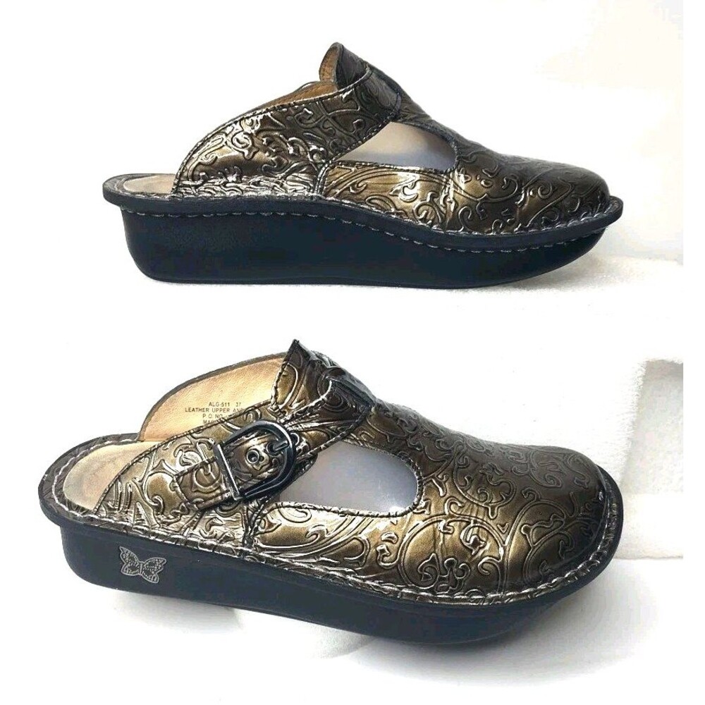 Alegria  ALG -511 Classic Leather Slingback Clog Mules Women 7 Pewter Embossed